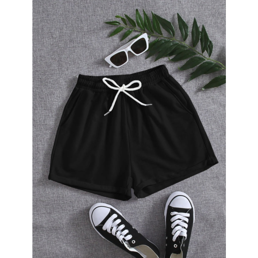 Drawstring Pocketed Elastic Waist Shorts Black / S Apparel and Accessories