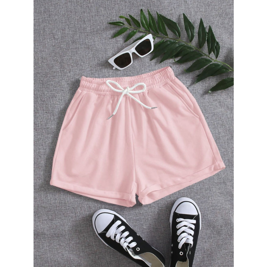 Drawstring Pocketed Elastic Waist Shorts Blush Pink / S Apparel and Accessories