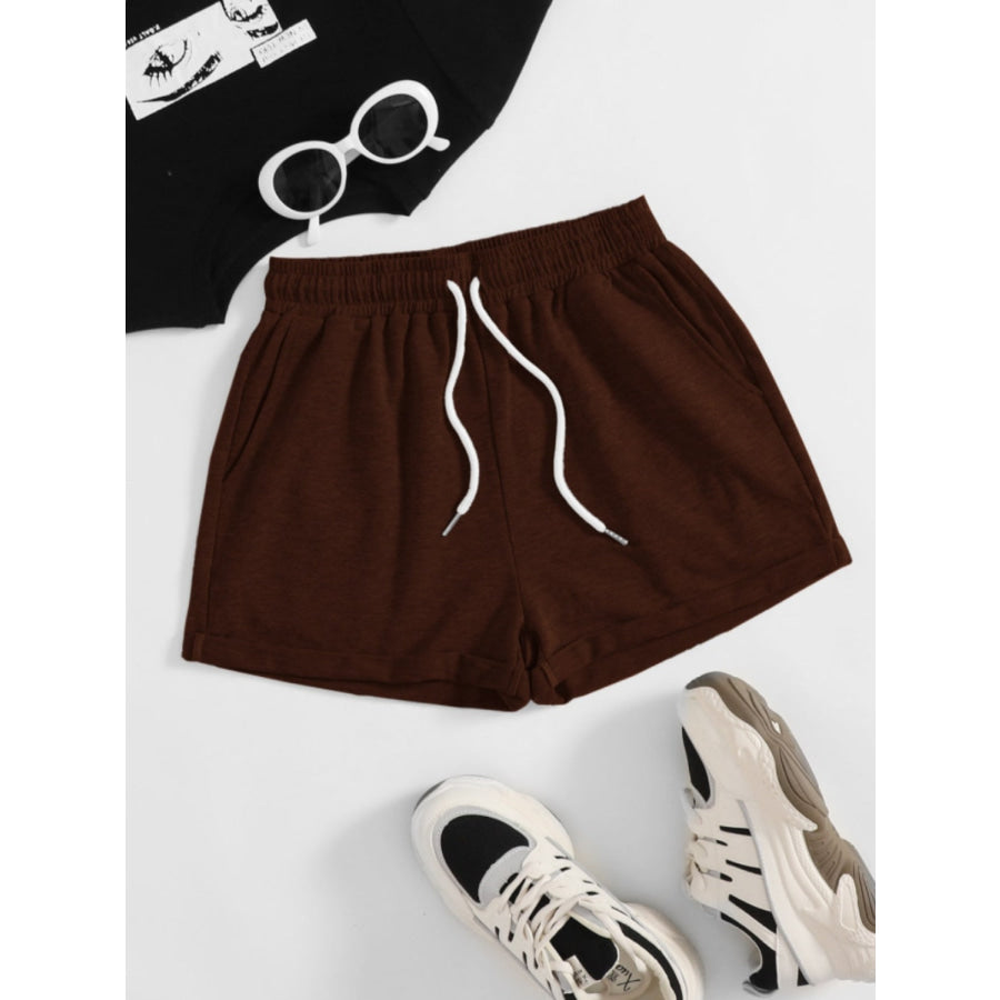 Drawstring Pocketed Elastic Waist Shorts Chocolate / S Apparel and Accessories