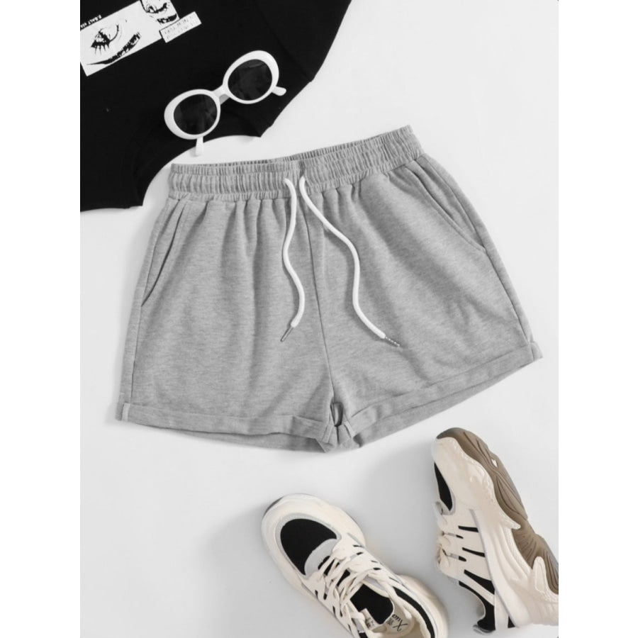 Drawstring Pocketed Elastic Waist Shorts Heather Gray / S Apparel and Accessories