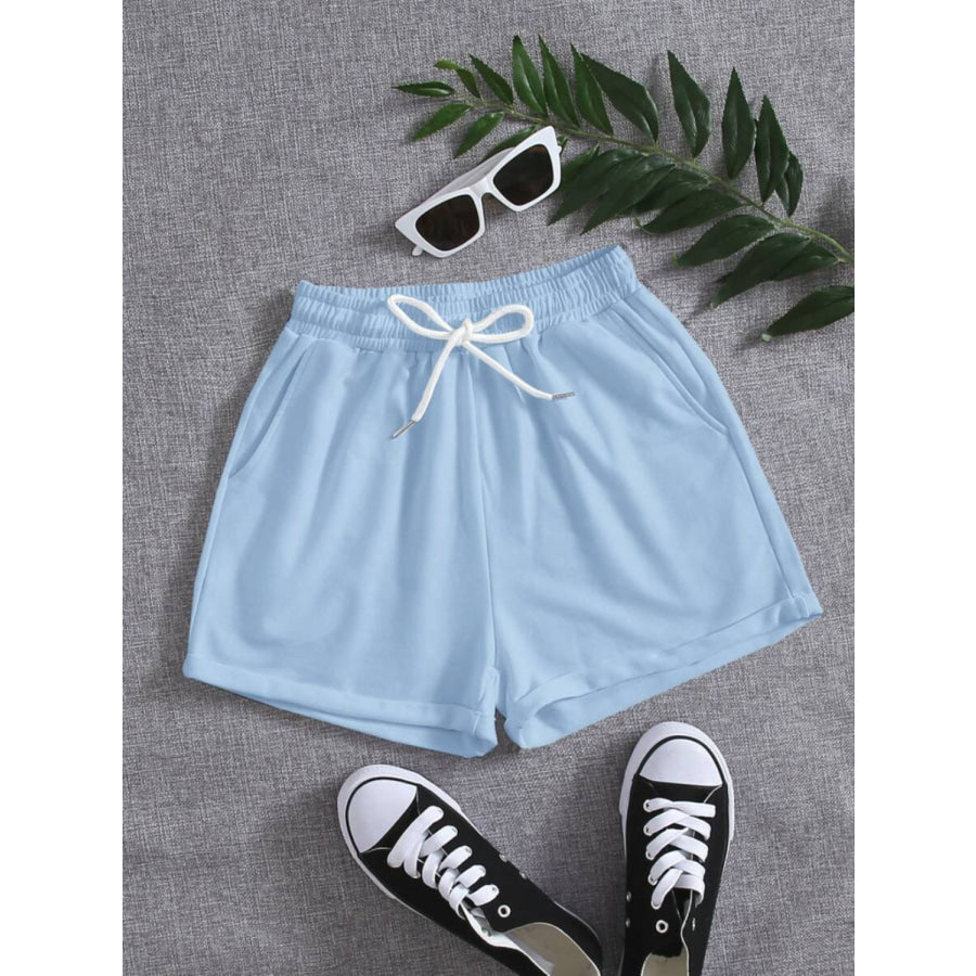 Drawstring Pocketed Elastic Waist Shorts Misty Blue / S Apparel and Accessories