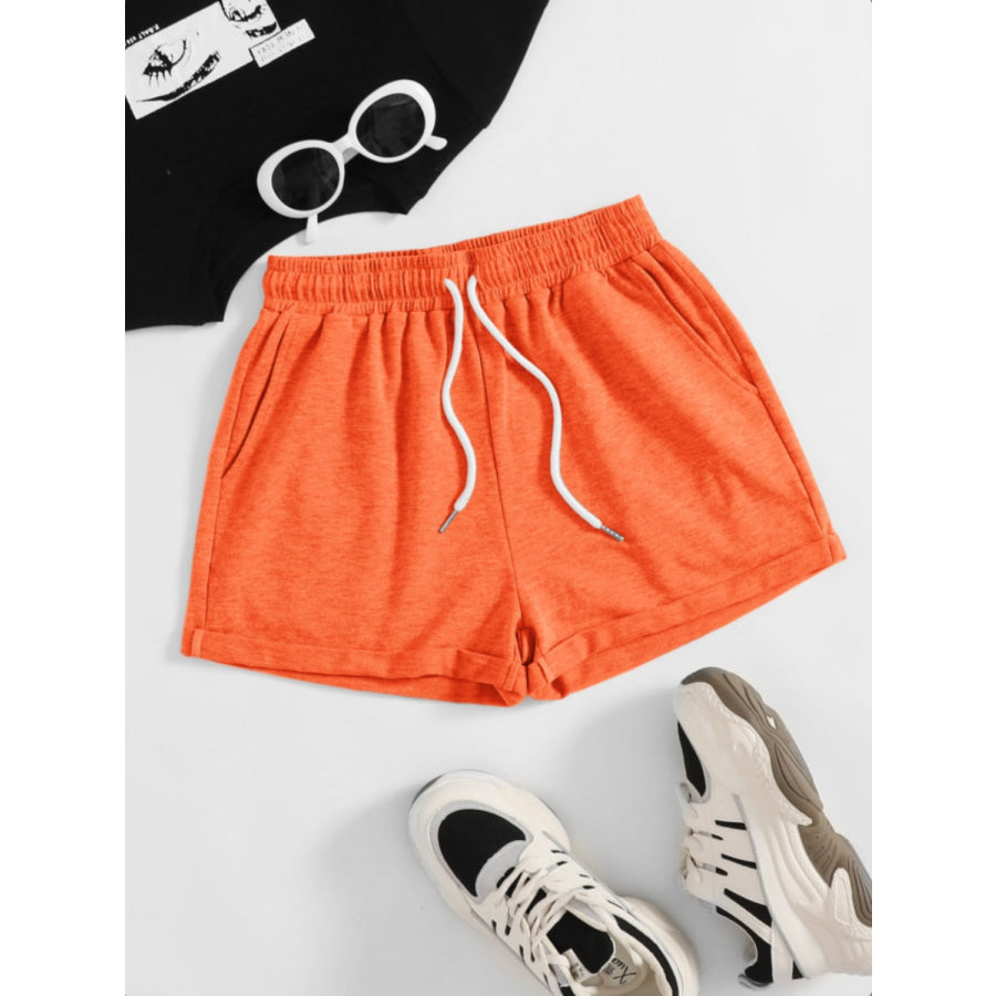 Drawstring Pocketed Elastic Waist Shorts Red Orange / S Apparel and Accessories