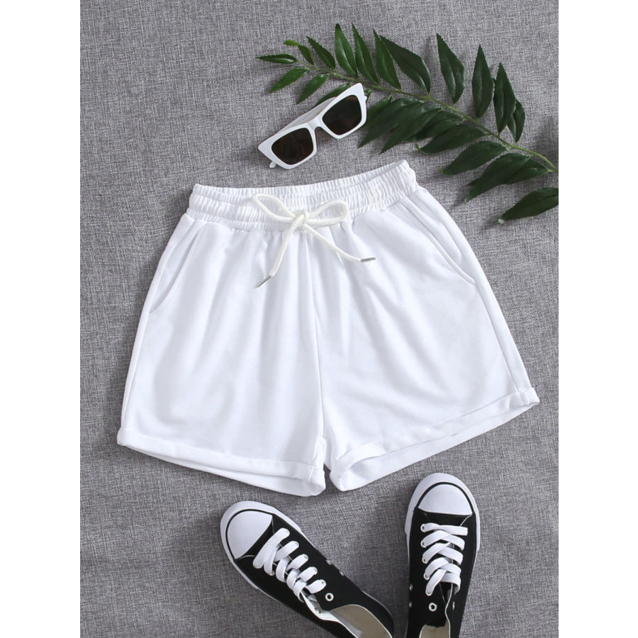 Drawstring Pocketed Elastic Waist Shorts White / S Apparel and Accessories