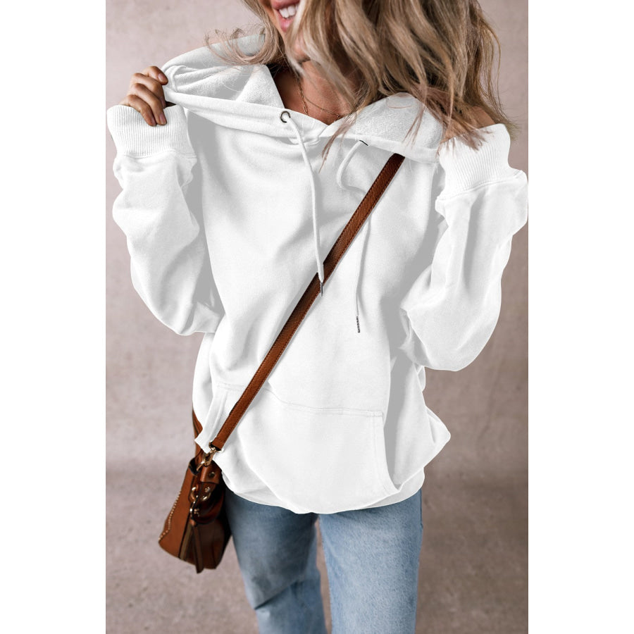 Drawstring Pocketed Long Sleeve Hoodie White / S Apparel and Accessories