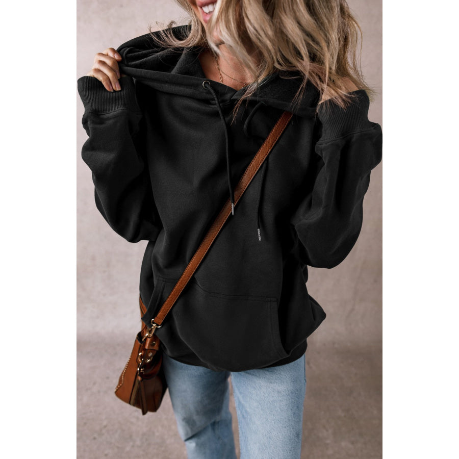 Drawstring Pocketed Long Sleeve Hoodie Black / S Apparel and Accessories