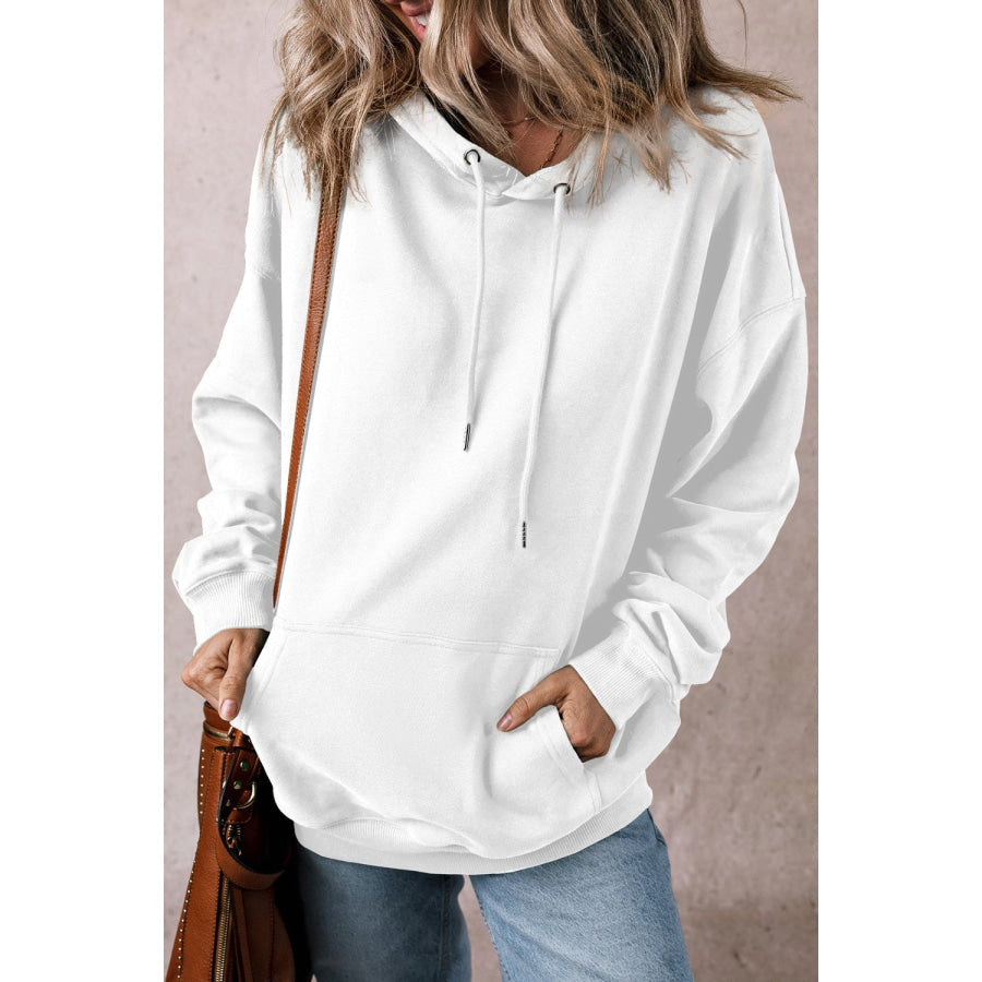 Drawstring Pocketed Long Sleeve Hoodie White / S Apparel and Accessories