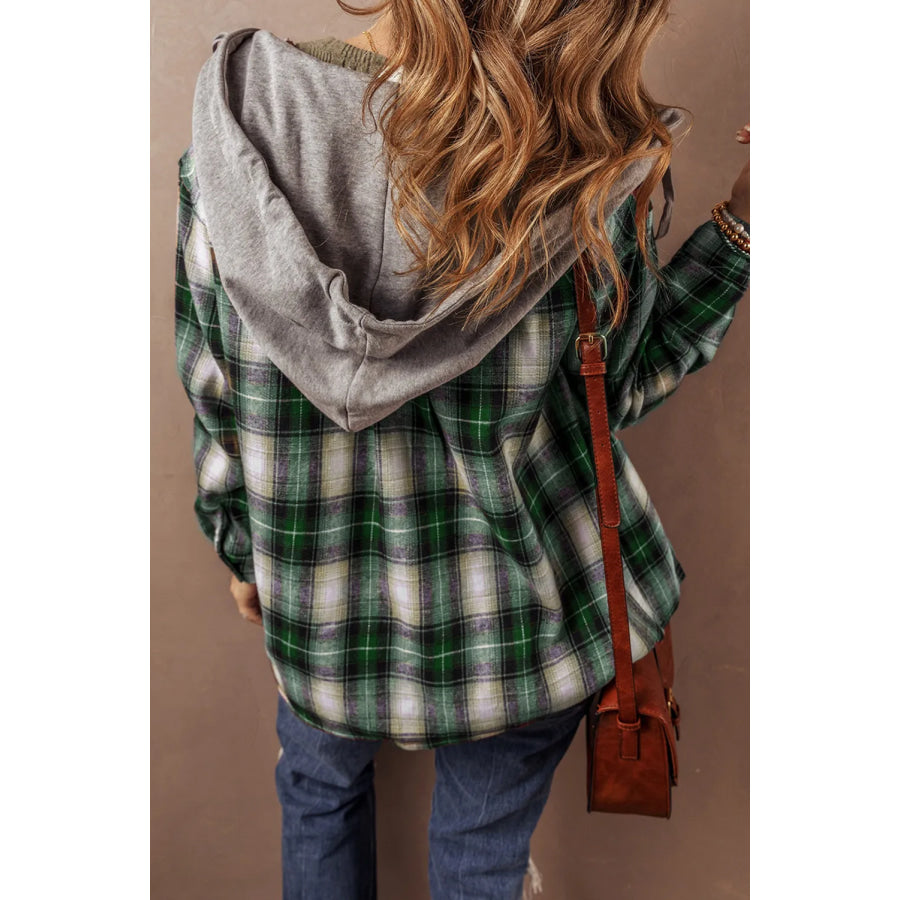 Drawstring Pocketed Plaid Hooded Jacket Apparel and Accessories