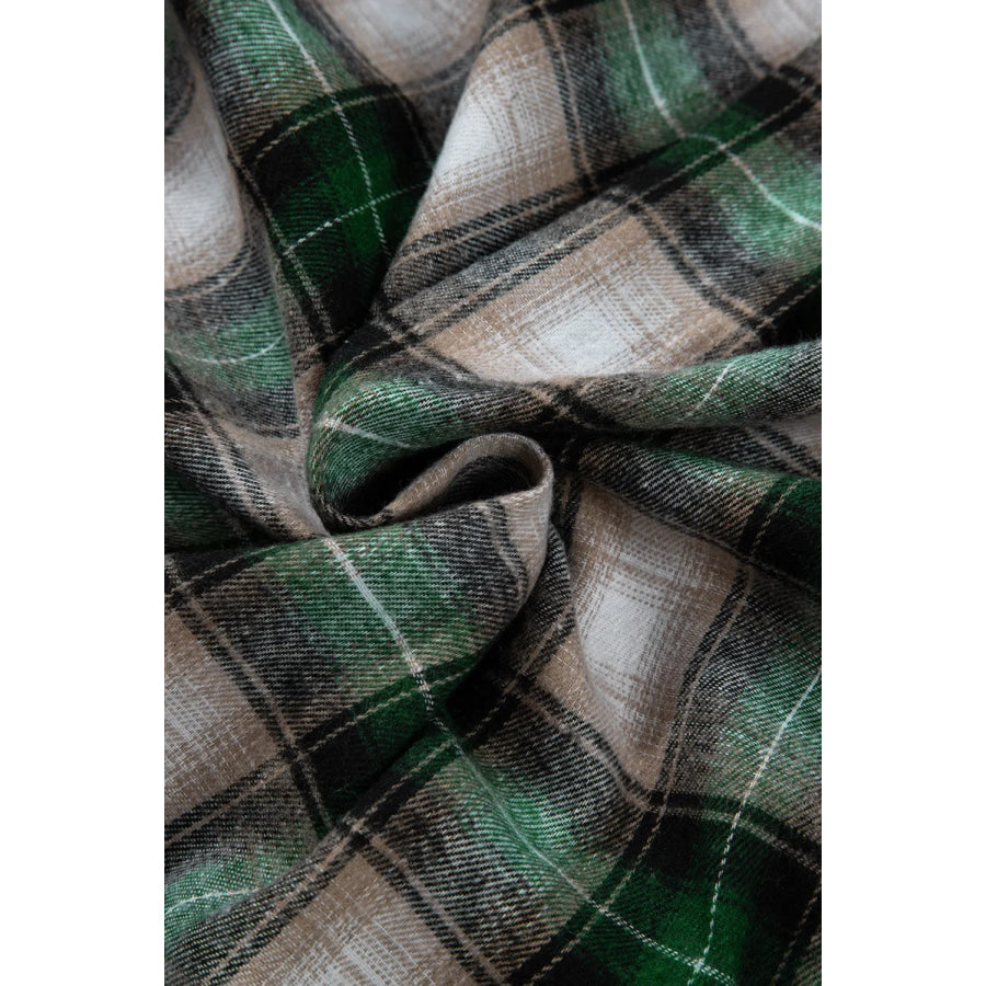 Drawstring Pocketed Plaid Hooded Jacket Apparel and Accessories