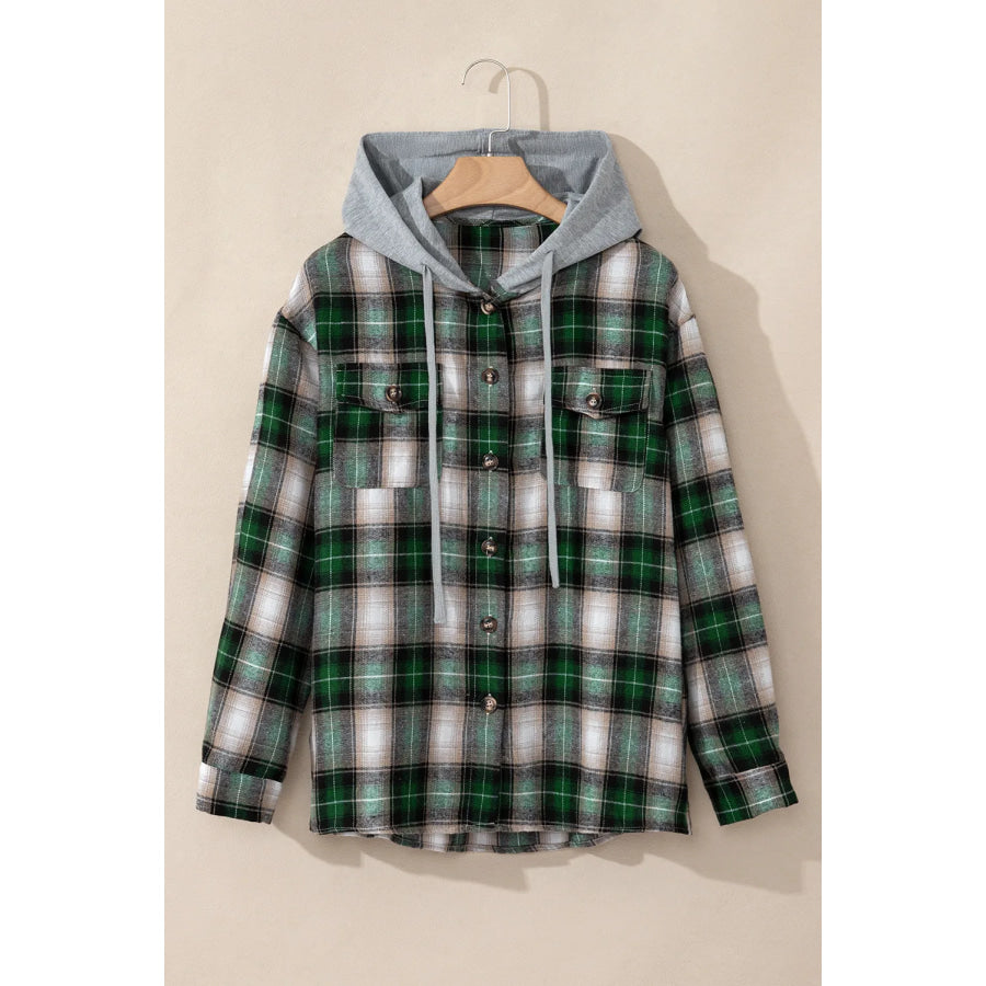 Drawstring Pocketed Plaid Hooded Jacket Apparel and Accessories