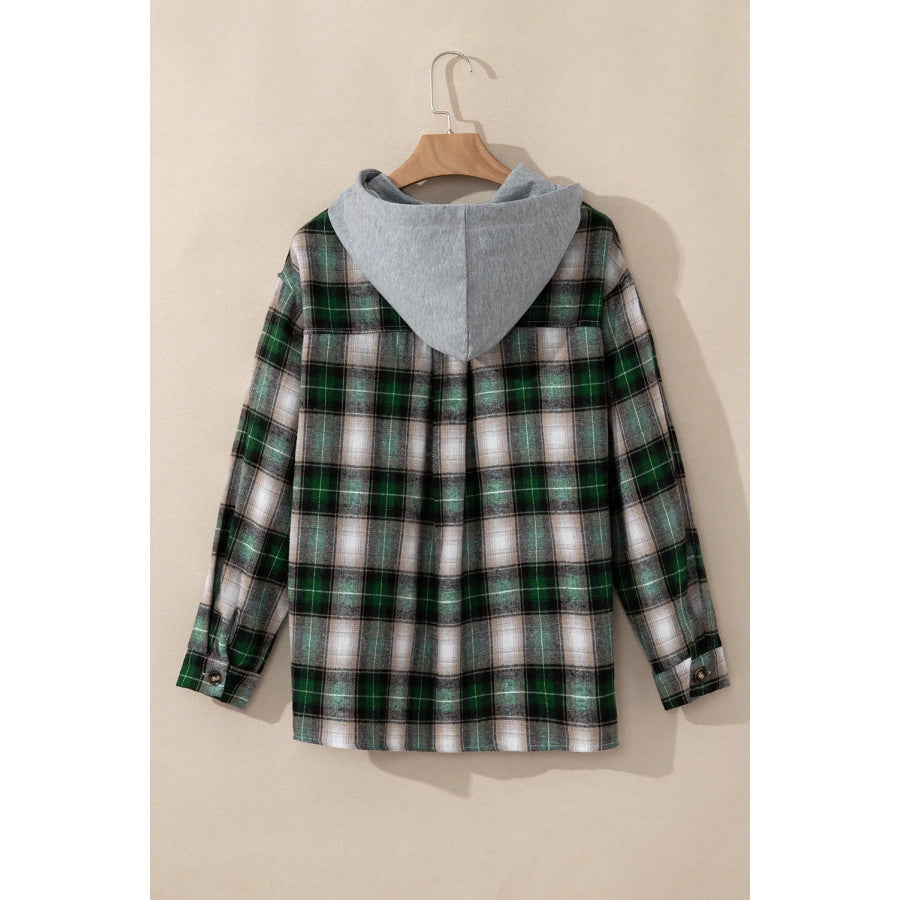 Drawstring Pocketed Plaid Hooded Jacket Apparel and Accessories