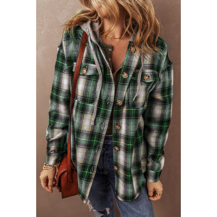 Drawstring Pocketed Plaid Hooded Jacket Dark Green / S Apparel and Accessories