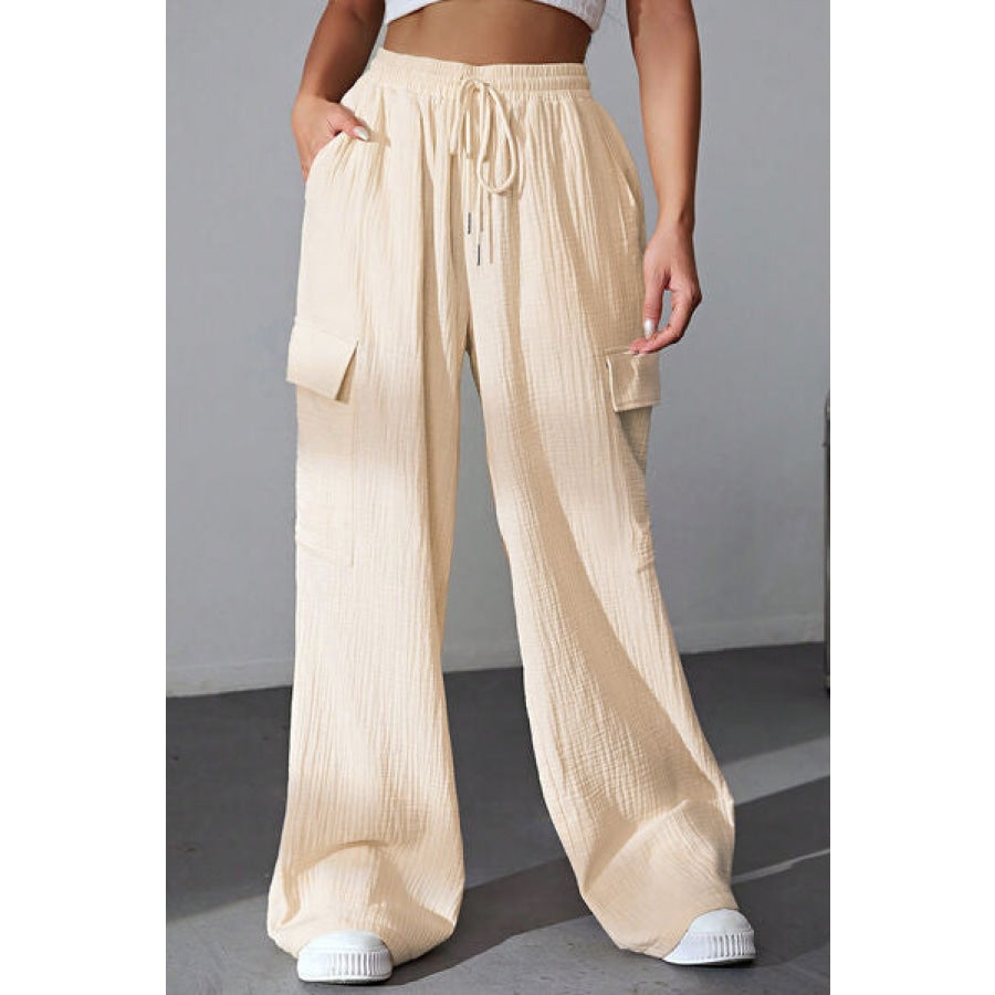 Drawstring Pocketed Wide Leg Pants Ivory / S Clothing