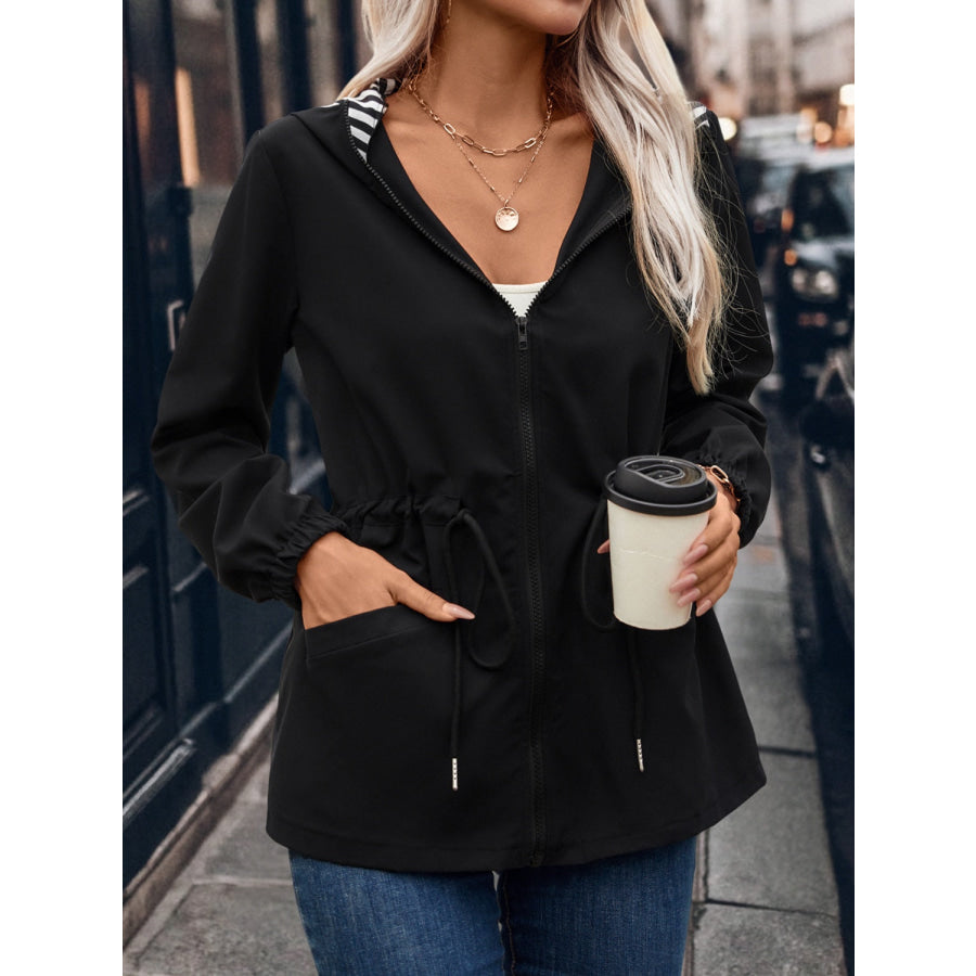 Drawstring Pocketed Zip Up Hooded Jacket Apparel and Accessories