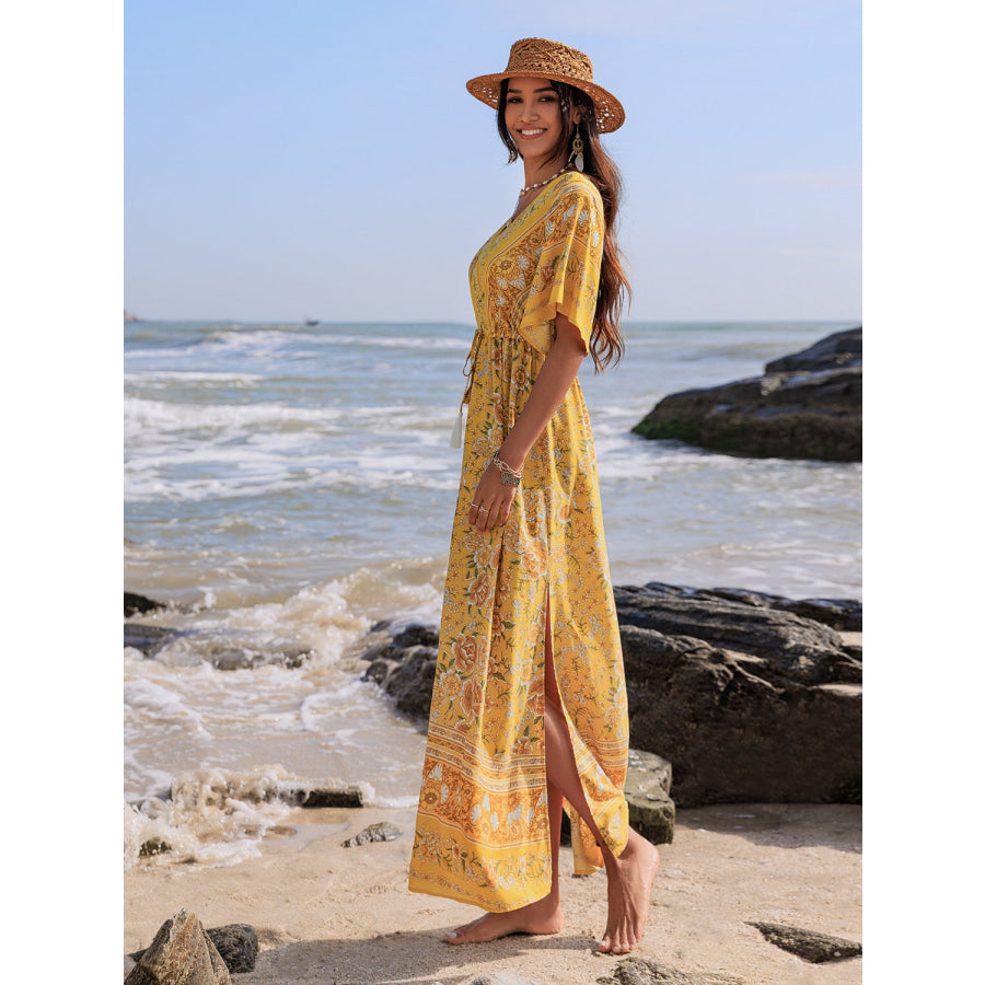 Drawstring Printed Plunge Half Sleeve Dress Apparel and Accessories