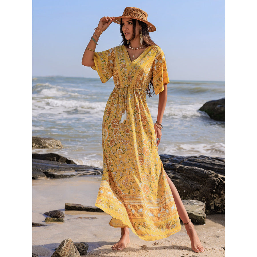 Drawstring Printed Plunge Half Sleeve Dress Apparel and Accessories