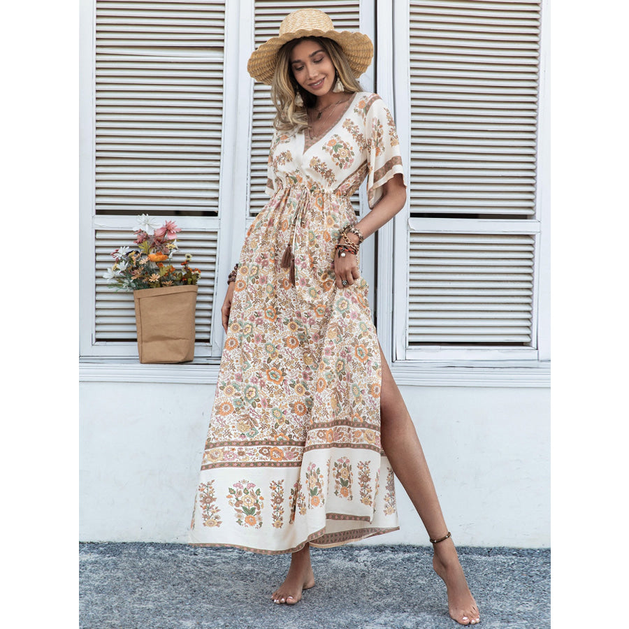 Drawstring Printed Plunge Half Sleeve Dress Apparel and Accessories