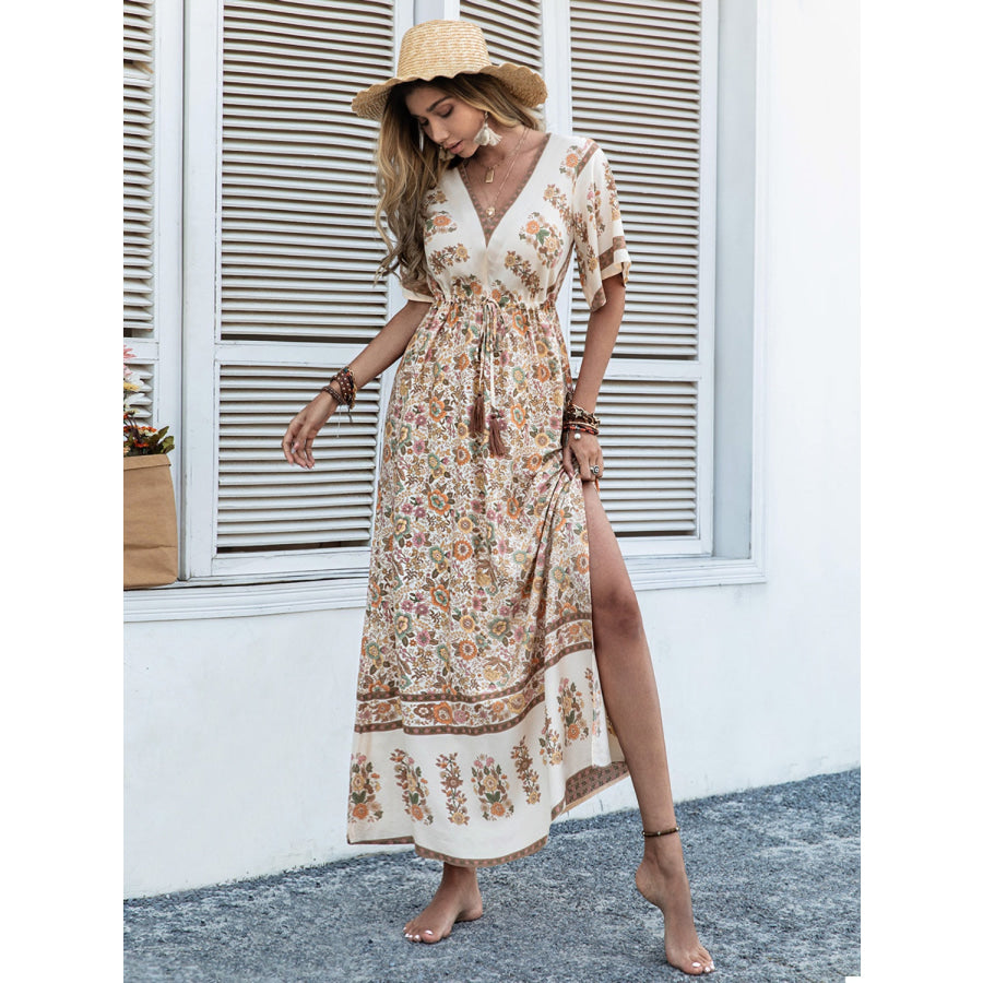 Drawstring Printed Plunge Half Sleeve Dress Apparel and Accessories