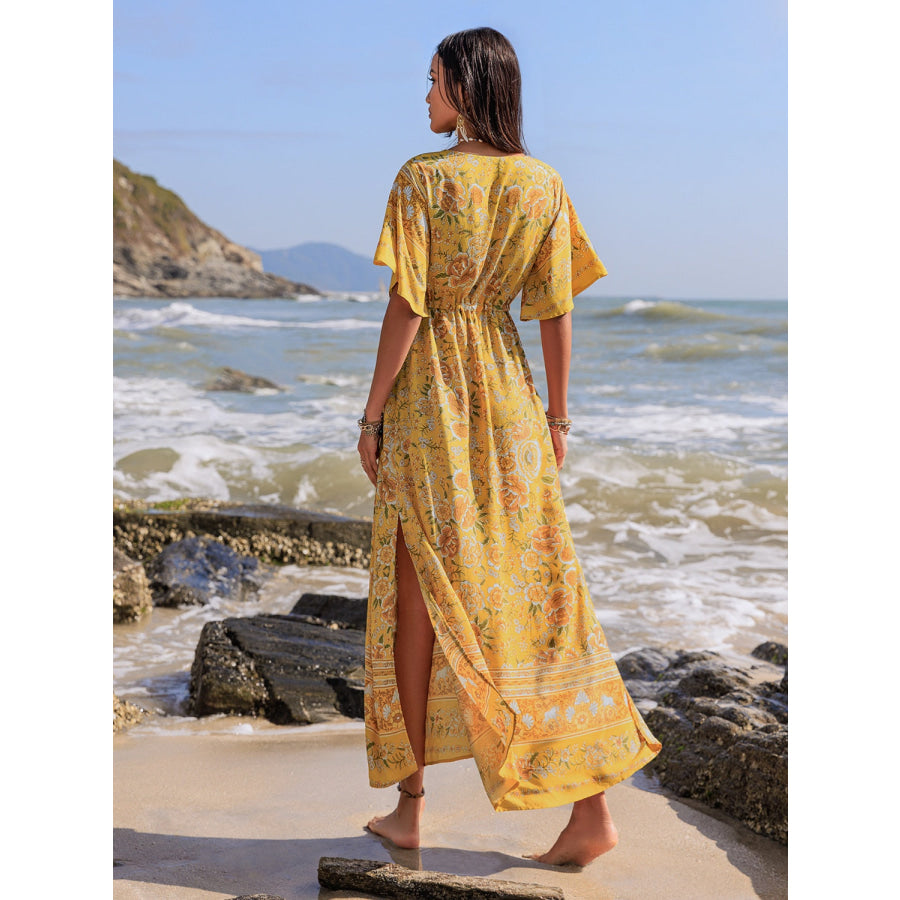 Drawstring Printed Plunge Half Sleeve Dress Apparel and Accessories