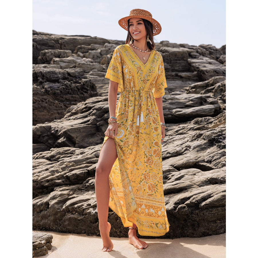 Drawstring Printed Plunge Half Sleeve Dress Gold / S Apparel and Accessories