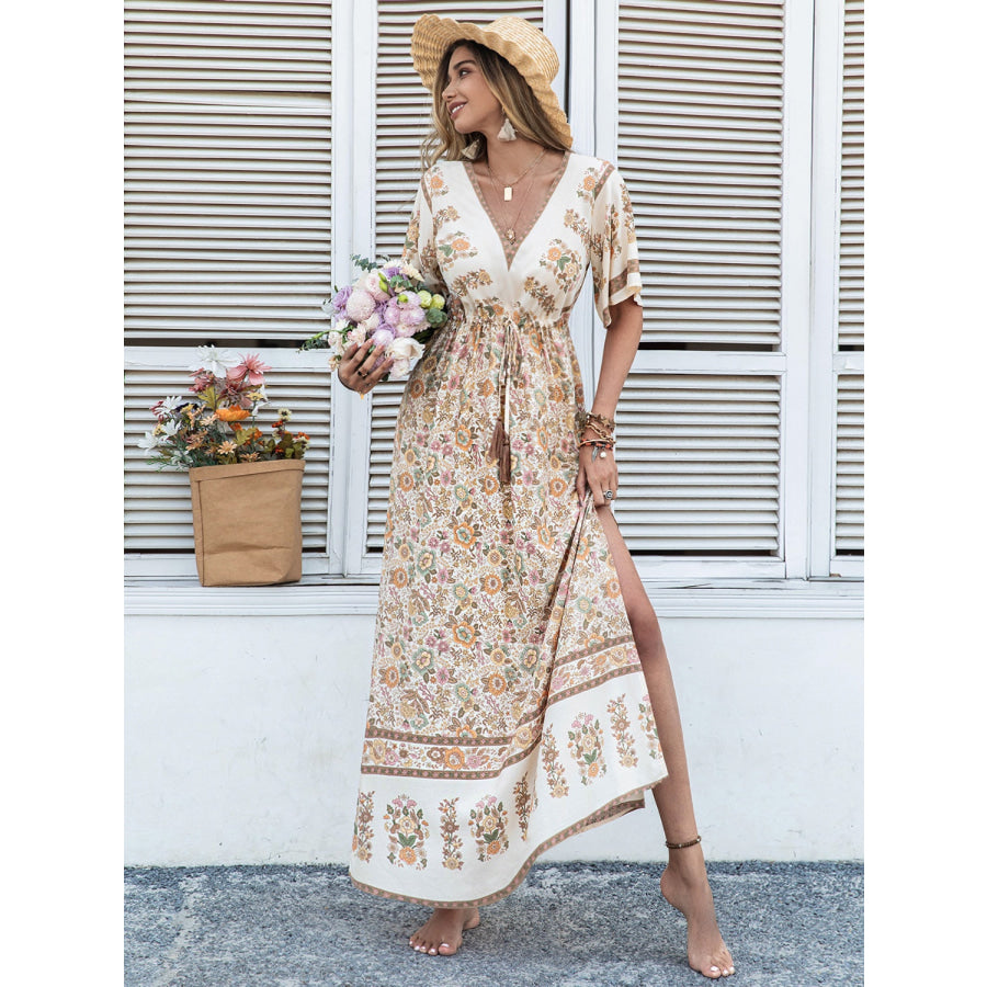 Drawstring Printed Plunge Half Sleeve Dress Khaki / S Apparel and Accessories