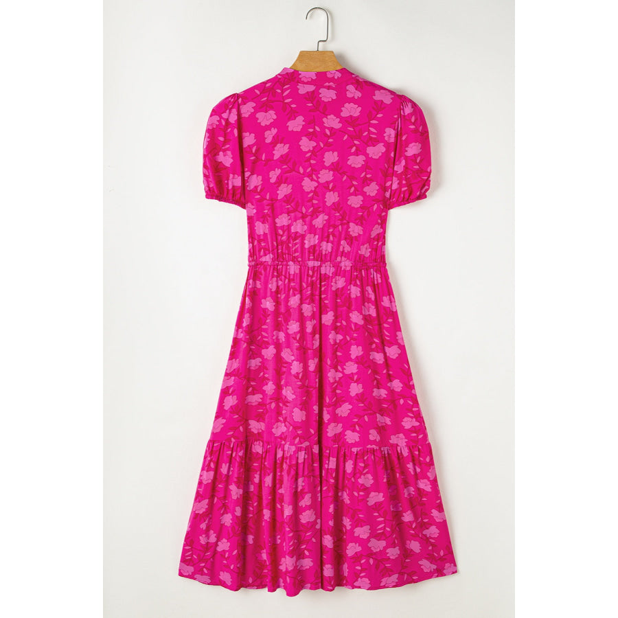 Drawstring Printed Short Sleeve Midi Dress Hot Pink / S Apparel and Accessories