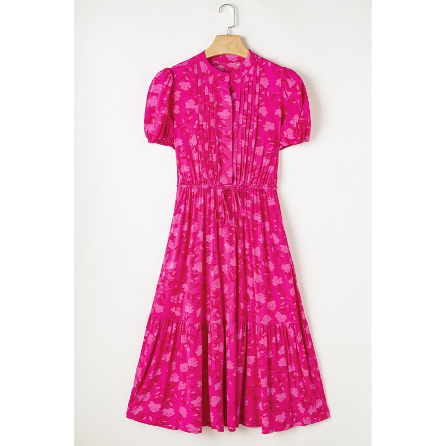 Drawstring Printed Short Sleeve Midi Dress Hot Pink / S Apparel and Accessories