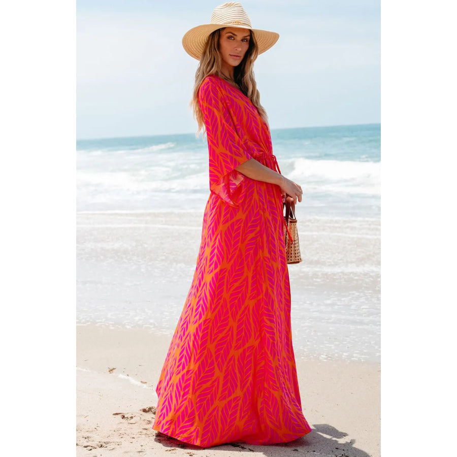 Drawstring Printed V-Neck Maxi Dress Apparel and Accessories