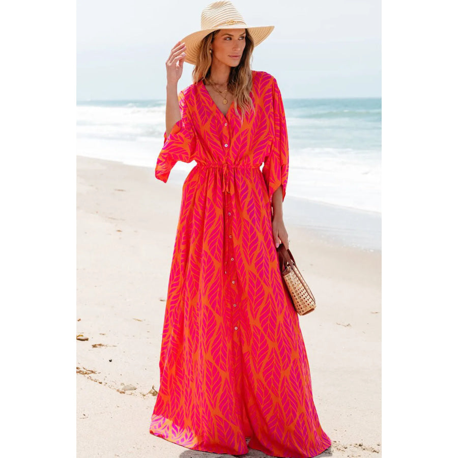 Drawstring Printed V-Neck Maxi Dress Apparel and Accessories