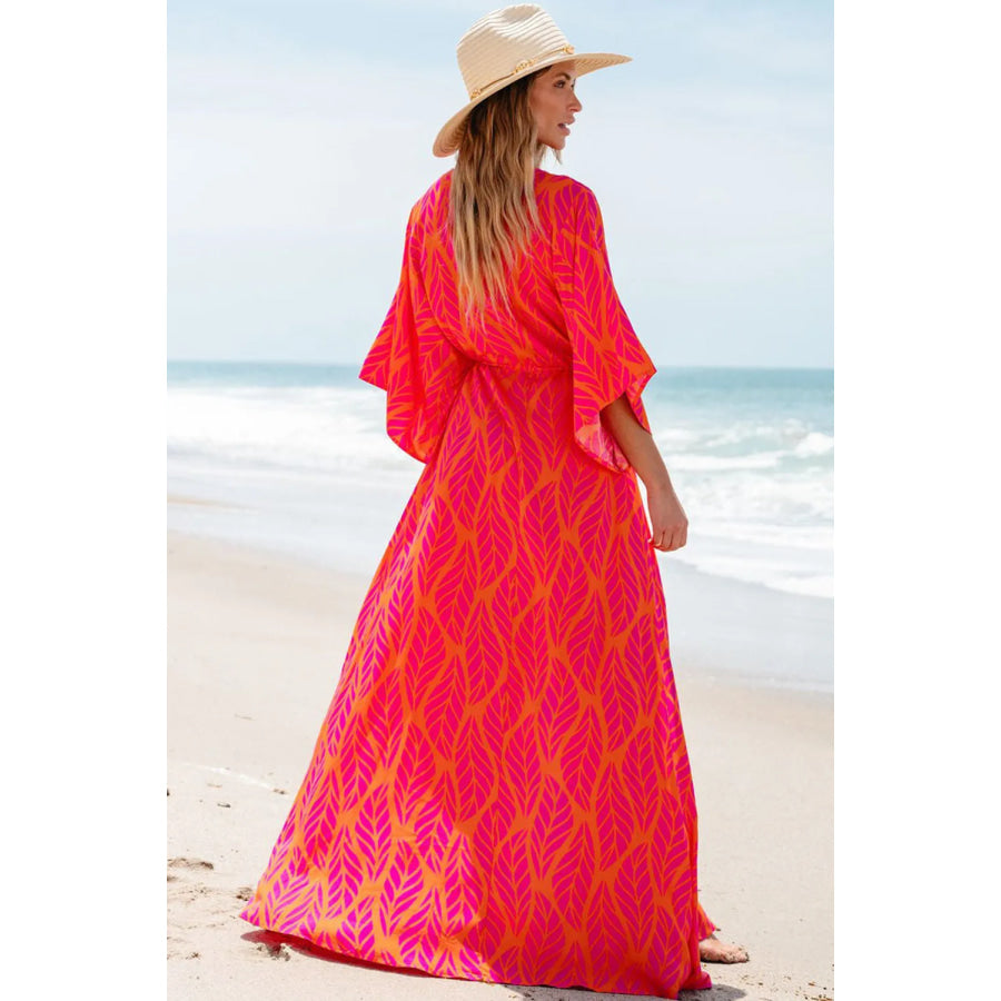 Drawstring Printed V-Neck Maxi Dress Apparel and Accessories