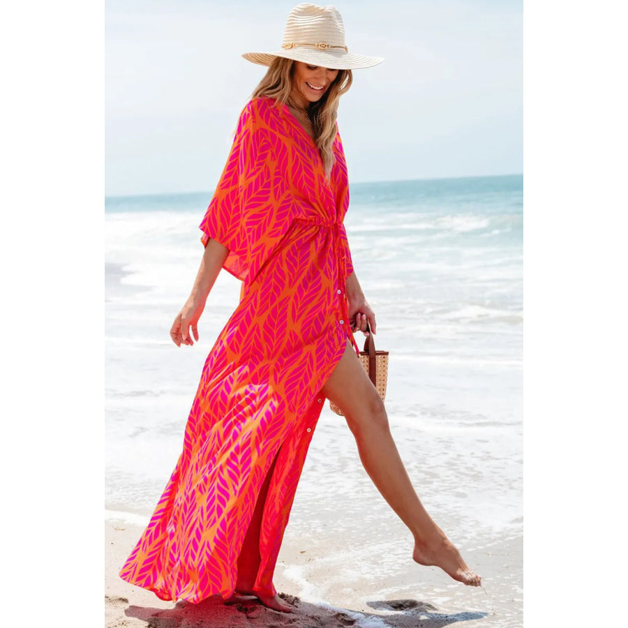 Drawstring Printed V-Neck Maxi Dress Apparel and Accessories