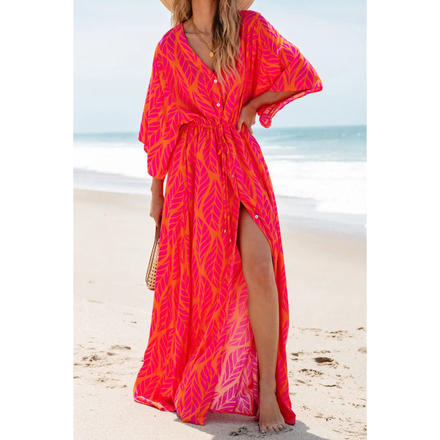 Drawstring Printed V-Neck Maxi Dress Strawberry / S Apparel and Accessories