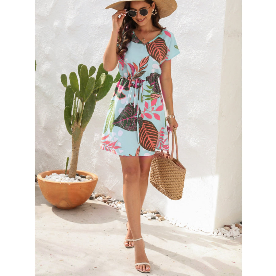 Drawstring Printed V - Neck Mini Dress Apparel and Accessories