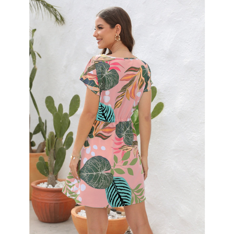 Drawstring Printed V - Neck Mini Dress Apparel and Accessories