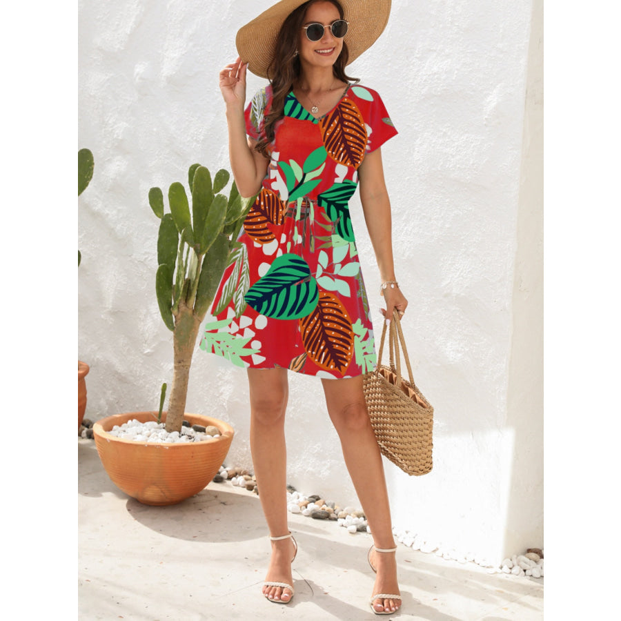 Drawstring Printed V - Neck Mini Dress Apparel and Accessories