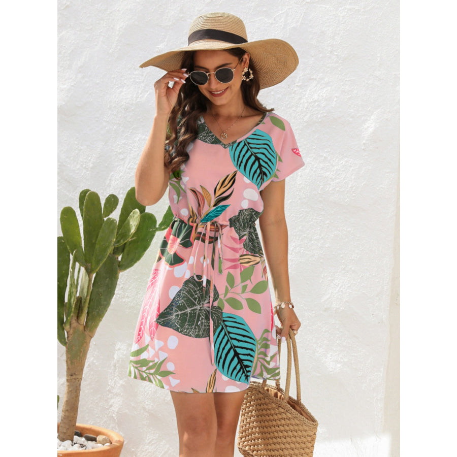 Drawstring Printed V - Neck Mini Dress Blush Pink / S Apparel and Accessories