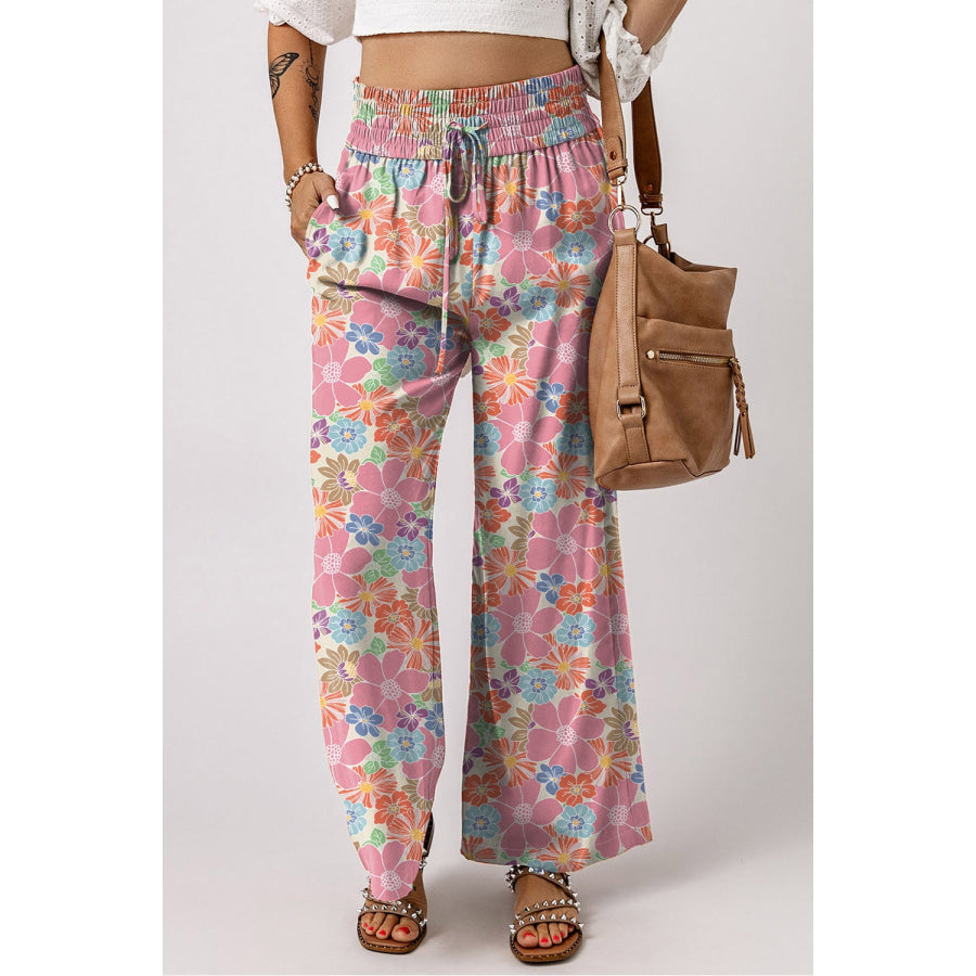 Drawstring Printed Wide Leg Pants Floral / S Apparel and Accessories