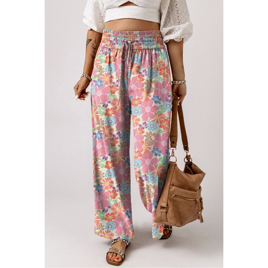 Drawstring Printed Wide Leg Pants Floral / S Apparel and Accessories