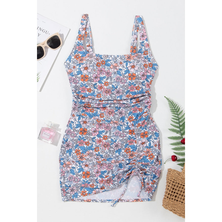 Drawstring Printed Wide Strap Swim Dress Apparel and Accessories