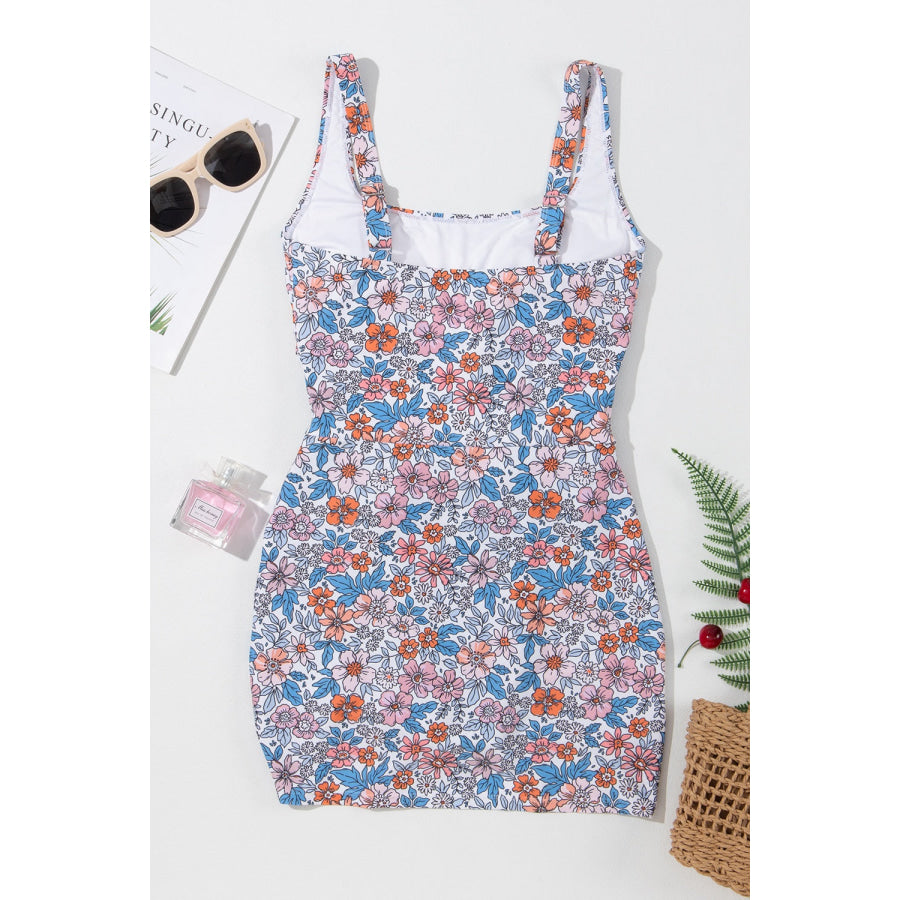 Drawstring Printed Wide Strap Swim Dress Apparel and Accessories