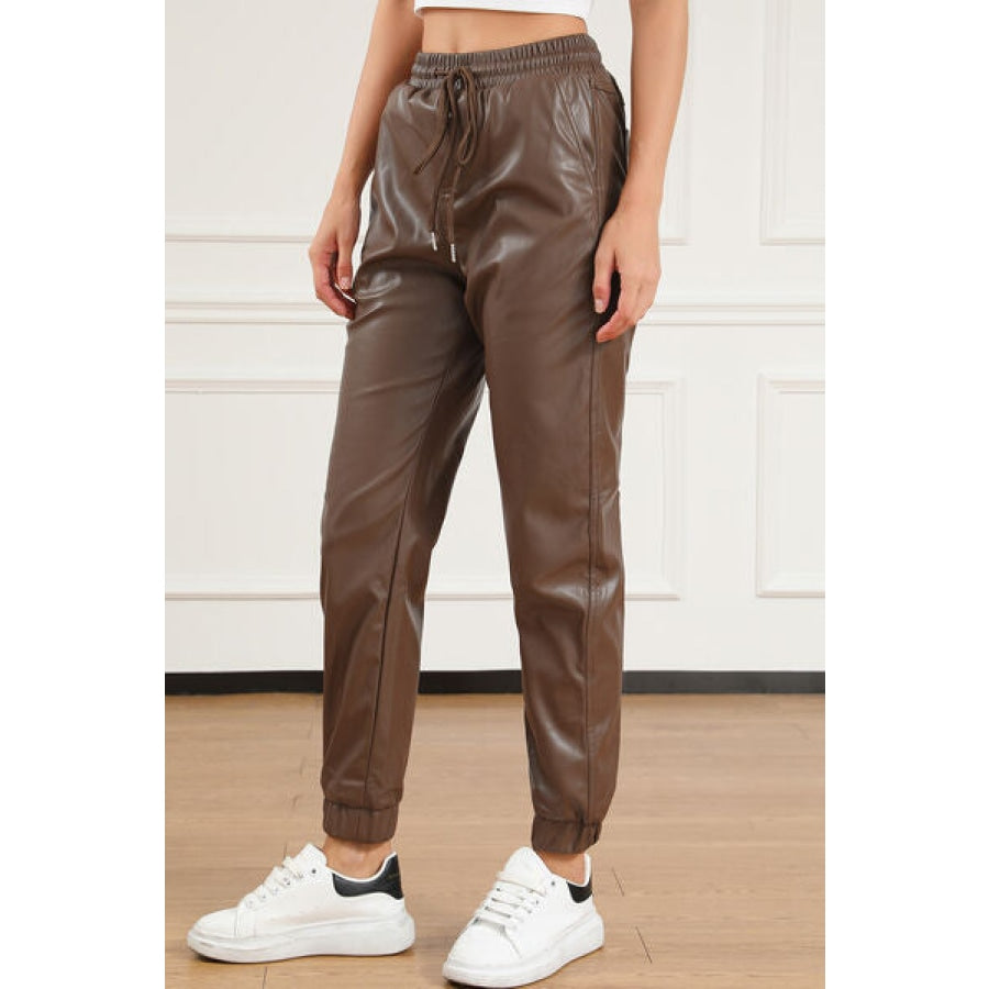 Drawstring PU Leather Pants Clothing