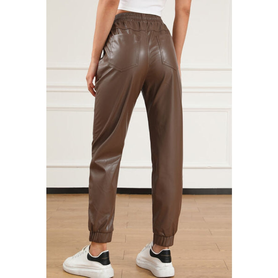 Drawstring PU Leather Pants Clothing