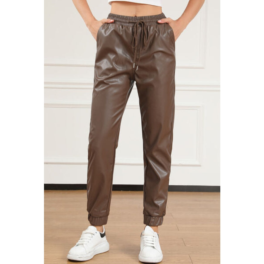 Drawstring PU Leather Pants Coffee Brown / S Clothing