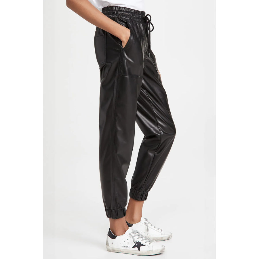 Drawstring PU Leather Pants with Pockets Apparel and Accessories