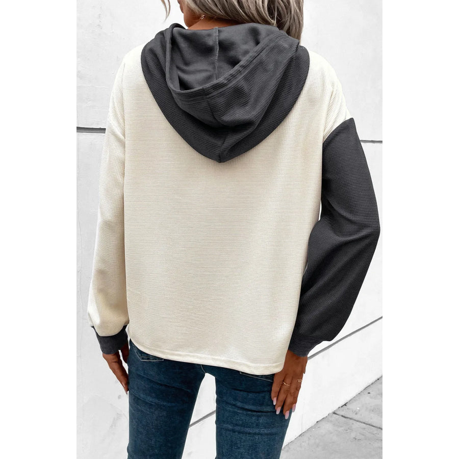 Drawstring Quarter Button Contrast Long Sleeve Hoodie Apparel and Accessories