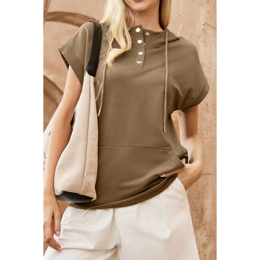 Drawstring Quarter Snap Cap Sleeve Hoodie Khaki / S Apparel and Accessories