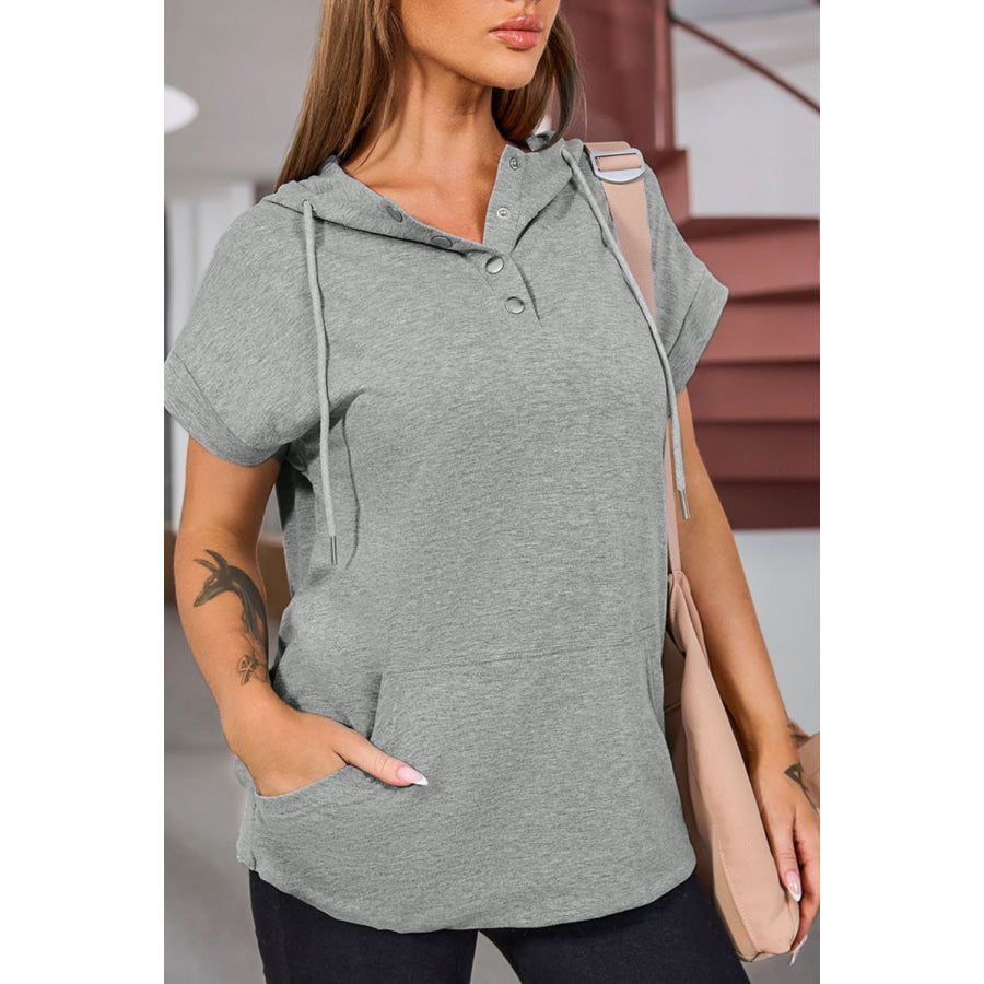 Drawstring Quarter Snap Cap Sleeve Hoodie Gray / S Apparel and Accessories