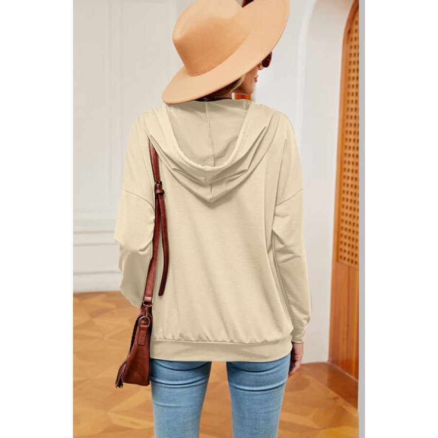 Drawstring Quarter Snap Dropped Shoulder Hoodie Apparel and Accessories