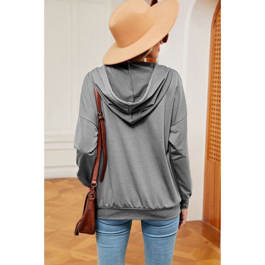 Drawstring Quarter Snap Dropped Shoulder Hoodie Heather Gray / S Apparel and Accessories