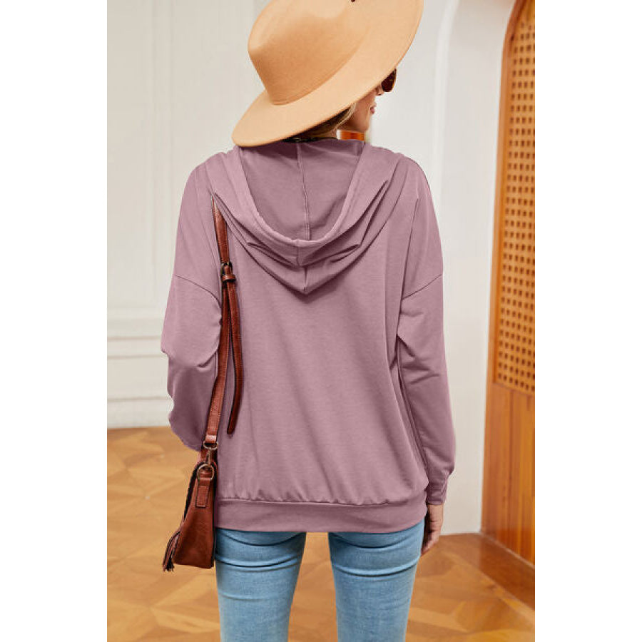 Drawstring Quarter Snap Dropped Shoulder Hoodie Apparel and Accessories