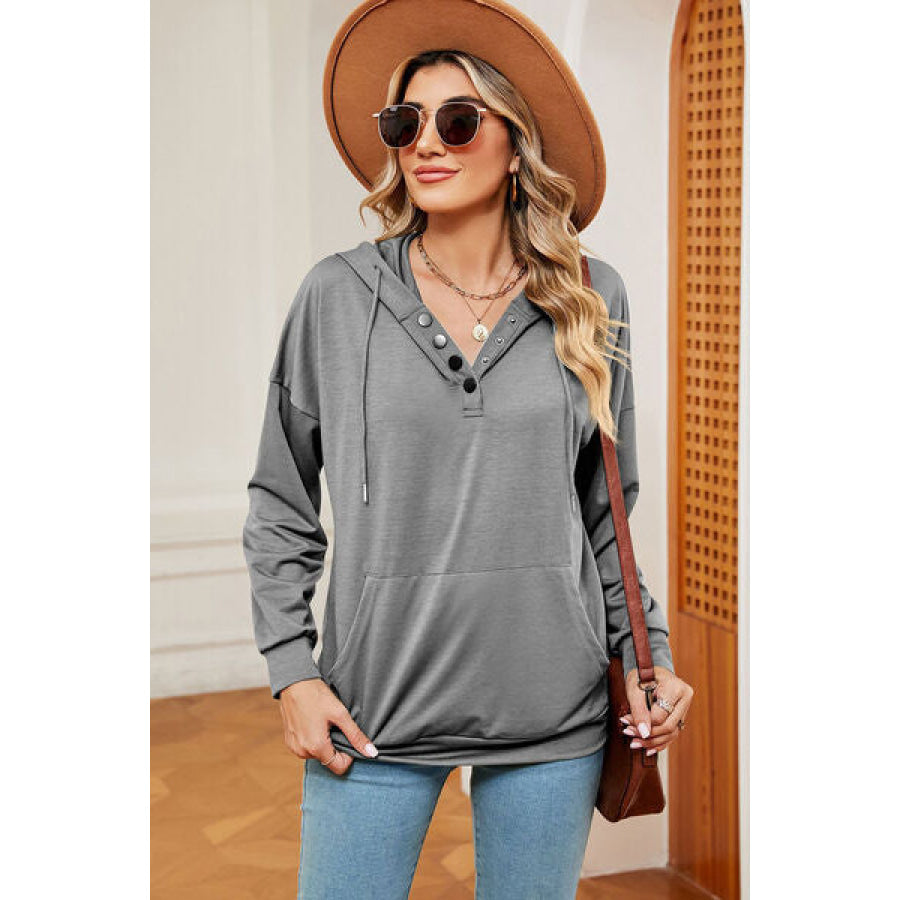 Drawstring Quarter Snap Dropped Shoulder Hoodie Heather Gray / S Apparel and Accessories